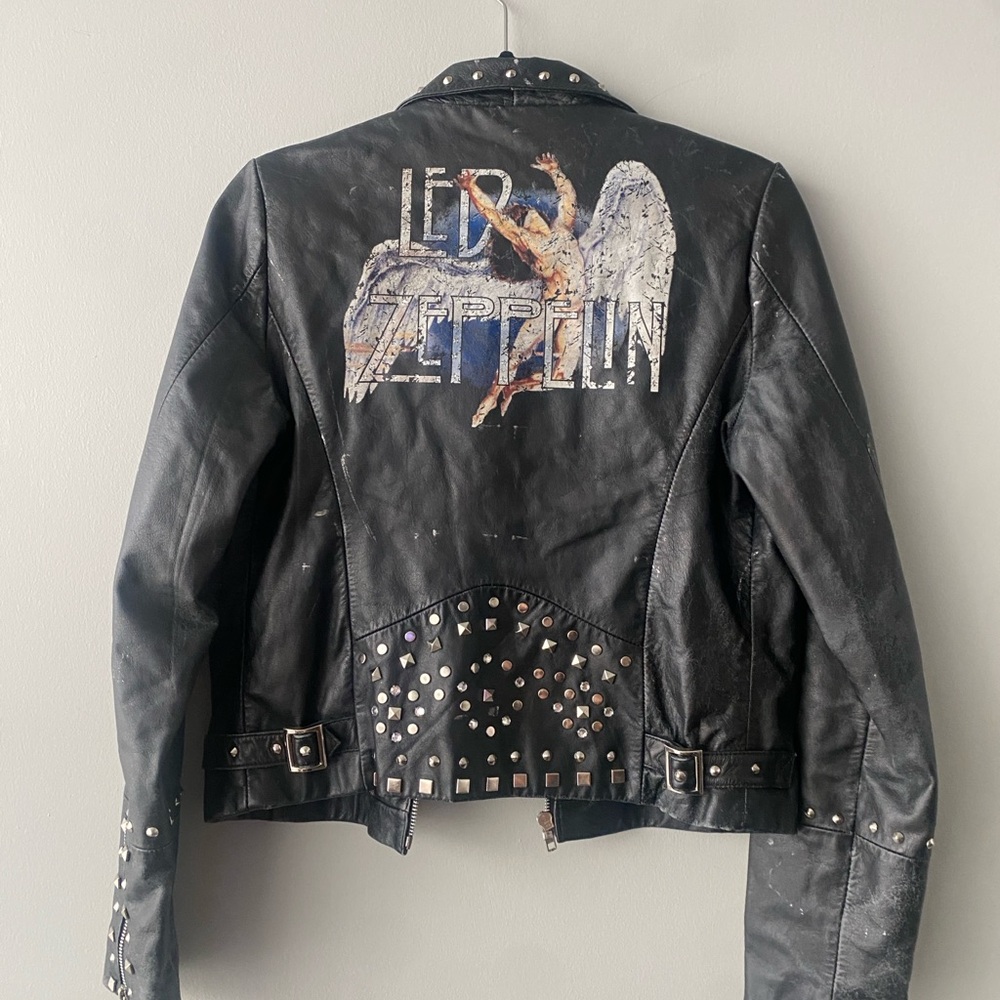Wilsons Leather Black Bomber Jacket with Vintage Rock Design